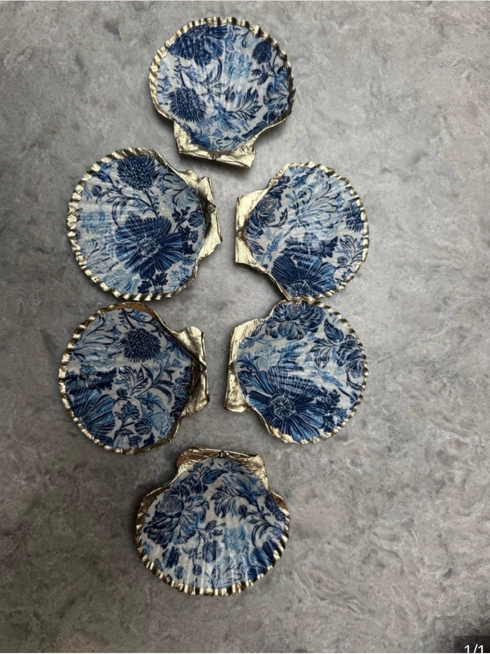 Blue Floral Shell Coasters with Gold Edging - Set of 6